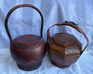 22 AntiqueChineseWeddingBasketLacqueredRiceBasketPair