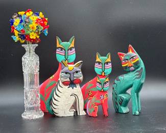 144 ColorfulFolkArtHandCarvedWoodenCatSculptureCollectionLot