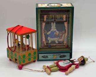 3 VintageWoodenToysMusicBoxRabbitPuppetBirdCageLot