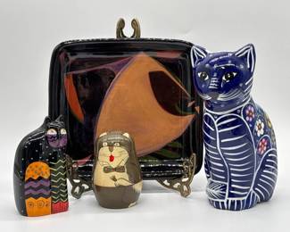 130 EclecticCatThemedLotPotteryCatPepperShakerNestingDoll