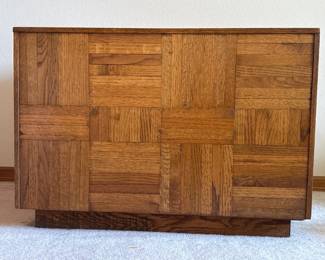 113 VintageOakParquetWoodSideTablewithPlinthBaseMidCentury