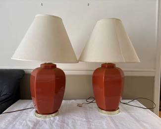 98 PairofCoralGlazedCeramicTableLampswithLinenShades