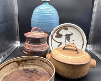 152 StudioPotteryStonewareLotVaseLiddedCrocksBowlPlate