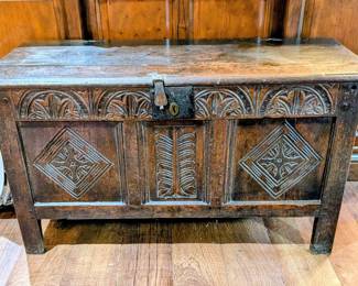 Antique English Jacobean-Style Carved Oak Coffer