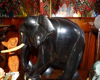 Hand Carved Black Wooden Elephant (Lanmp) w/ Dramatic Fringed Shade