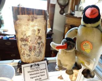 Another VIntage Pr - Penguins & a Lg. Antique Carved Mastadon Ivory on Stand