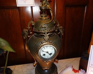 An Extravagant Metal Bodied Wall or Mantle Clock w/ Dragon Finial, Fish Scal Body,Rams Heads Handles and More by Jappy Freres, Franc c.1901 