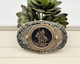 30 VintageSiskiyouIndianonHorseTwoToneBeltBuckle