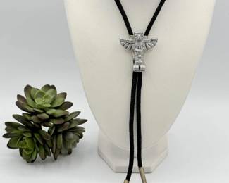 61 HickokTotemClaspSilverTonedBoloTiewLeatherCord