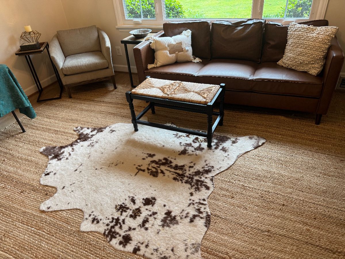 Lee industries chair, faux cowhide rug, and sofa