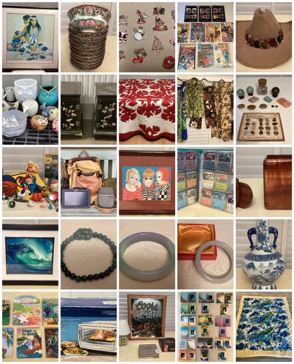 MAKAKILO ESTATE SALE CTBids Online Auction • Bidding Ends 07/10/26 • Pickup 07/12/26 This estate auction features a huge collection of vintage famille rose medaliion plates, bowl, tea cups & saucers, serving plates & bowls, vases and more, collectible brooches, fine jade jewelry, household and kitchen goods, Hawaiian children's books, comics, collectible trading cards, Pokemon & Yu-Gi-Oh, handmade patchwork quilts, vintage aloha shirts & clothing, artwork, toys, cowboy hats seashells, shoes, Tsum Tsum, collectibles from around the world and so much more!