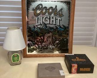 MES234 Coors Light Wall Hanging, Crown Royal Lamp & Cigar Boxes