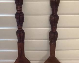 MES235 Vintage Carved Wooden Giant Fork & Spoon Wall Hangings
