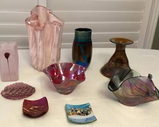 MES136 Signed Art Glass Vases & Trinket Dishes