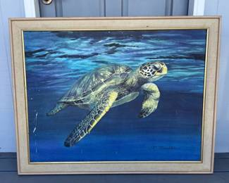 MES239 Very Large Framed Original Painting Of A Honu Sea Turtle