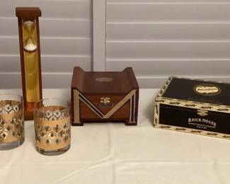 MES058 Cigar Boxes, Galileo Hour Glass Timer, Culver Glasses & Globe