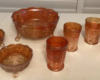 MES029 Vintage Marigold Carnival Glass Dish Set
