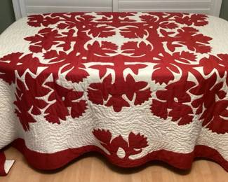 MES117 Large Red & White Hawaiian Quilt-As Is