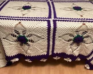MES035 Large Crocheted White With Purple Rose Blanket