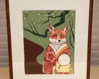 MES092 Koa Framed Japanese Block Print Of A Fox In A Kimono