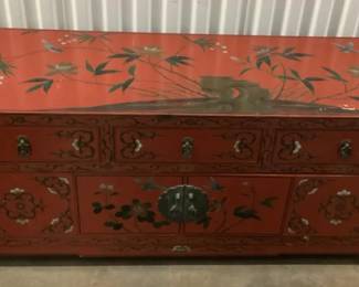 MES083 Red Lacquered Hand Painted Chinese Horizontal Cabinet