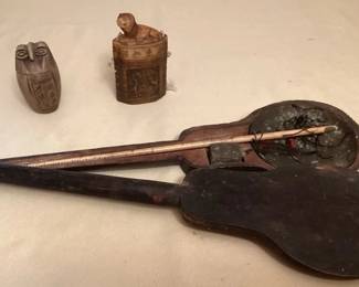 MES087 Antique? Chinese Scale & Two Carved Storage Vessels