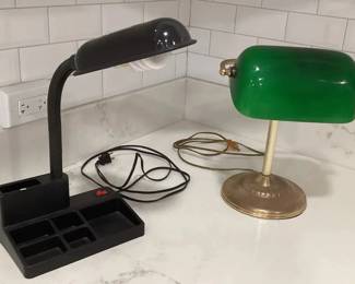 MES217 Green Glass Bankers Lamp & Gooseneck Desk Organizer Lamp
