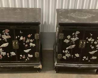 MES079 Pair Of Chinese Lacquered Cabinets End Tables With Stone Inlay