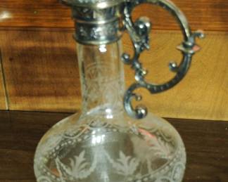 Fostoria Wine Carafe with etched glass and silver plate top