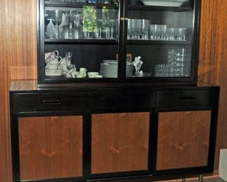 EBONIZED MOHOHANY CREDENZA BY EDWARD WORMLEY FOR DUNBAR WITH DISPLAY CABINET