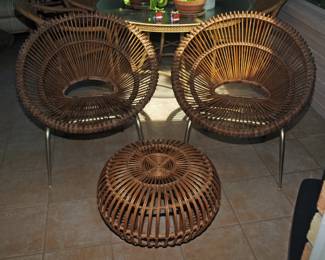 FRANCO ALBINI RATTAN, CHAN ORGANIC SUNBURST CHAIRS AND OTTOMAN