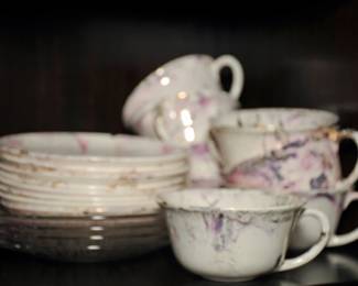 SASHA BRASTOFF TEA COFFEE CUPS & SAUCERS - SURF BALLET BLUE PLATINUM MARBLED
