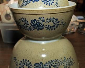 Set/3 Vintage PYREX Homestead Blue Pattern #401-403 Round Nesting Mixing Bowls