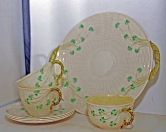 IRISH TEACUP & SAUCERS & TRAY Shamrock Porcelain Embossed