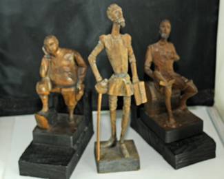 Hand Carved Wooden Don Quixote and Sancho Panza Sculpture Bookends