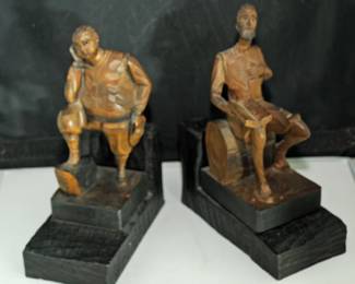 Hand Carved Wooden Don Quixote and Sancho Panza Sculpture Bookends