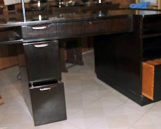 EDWARD WORMLEY FOR DUNBAR EBONIZED WOOD WEDGE TOP PEDISTAL DESK c1950 