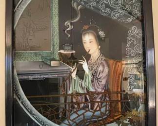Vintage Chinese Glass Painting biliuhua lady flutist $200