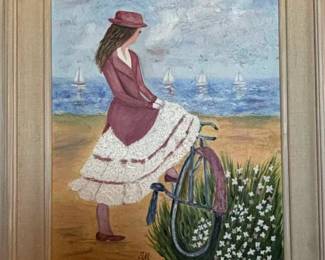 Original Oil girl with bike on beach $150