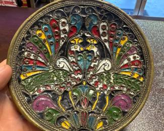 Small Vintage Cloisonne Enameled Brass Wall Hanging Dish With Peacocks, 5 5/8”