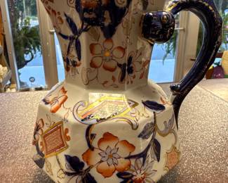 Antique Keeling & Co Ironstone Jug, Victorian Imari Floral Pitcher, Staffordshire Pottery, Late Mayers England, Hexagonal Vase, 1890–1912