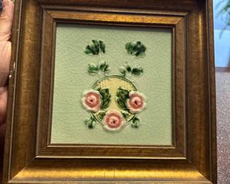 Antique Minton Hollins Art Nouveau Floral Tile Pink Green