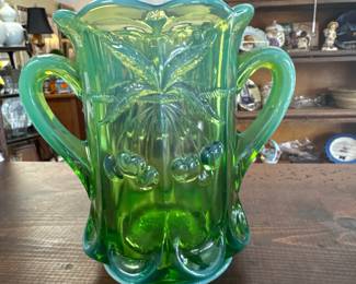 MOSSER SPOONER Cherry Thumbprint Vaseline Glass Opalescent Green Double Handle