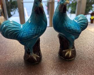 Pair of Old Blue Glazed Chinese Ceramic Rooster Figures