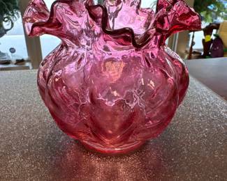 Gorgeous Fenton Cranberry Art Glass Diamond Optic Double- Crimped, Ruffled Rim Melon Vase or Bowl