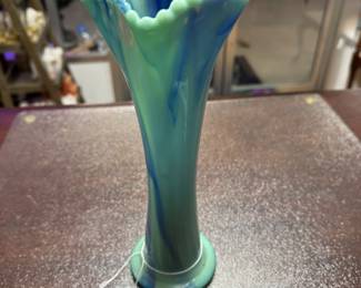 Vintage Slag Glass Swung Style Vase, Blue Green Ribbed Art Glass Vase
