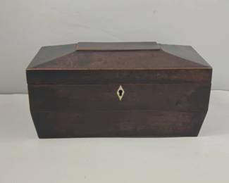 Antique English Mahogany Tea Caddy with Twin Canisters & Mazawattee Tea Tin