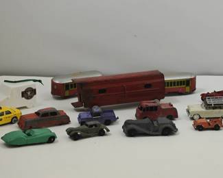 Vintage Cast Iron & Die-Cast Toy Vehicle Collection Including Tootsietoy, Lesney & Tin Trolley
