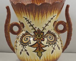 Signed Henriot Quimper Faïence Hand-Painted Twin Handle Vase by P. Fouillen