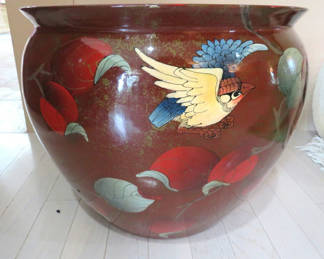 Lot 17: Large Asian Bird Motif Painted Red Ceramic Planter